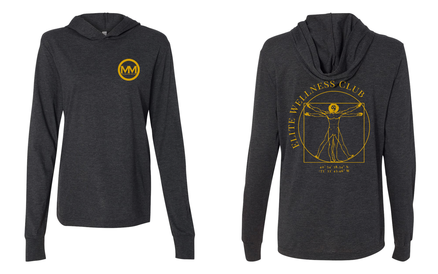 The Merkaba Method Jersey Hooded Long Sleeve Tee 3512 Charcoal Black - Gold Logo