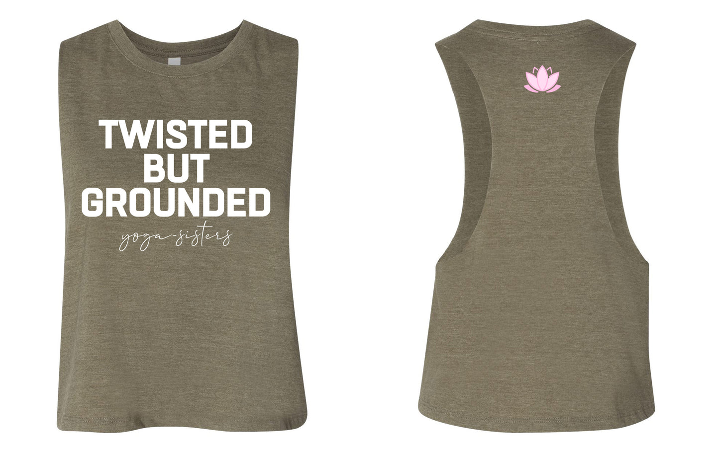 Yoga Sisters Twisted But Grounded Heather Olive Women's Racerback Crop Tank 6682