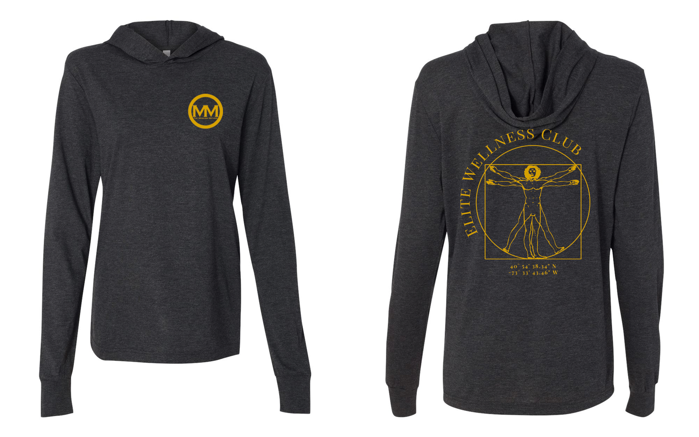 The Merkaba Method Jersey Hooded Long Sleeve Tee 3512 Charcoal Black - Gold Logo